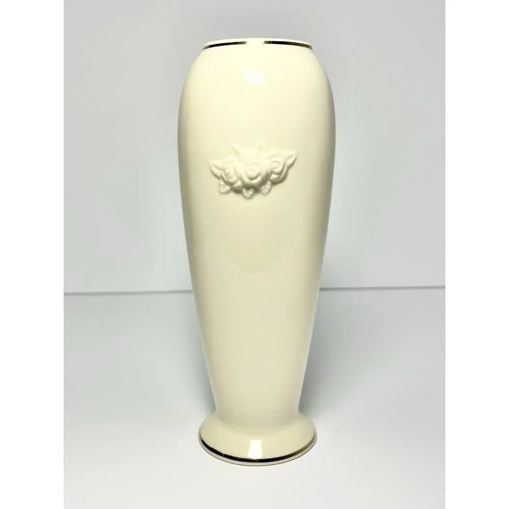1980s Vintage Lenox Bone China Ivory & Gold Rim “Rose” Bud Vase 7 1/2”